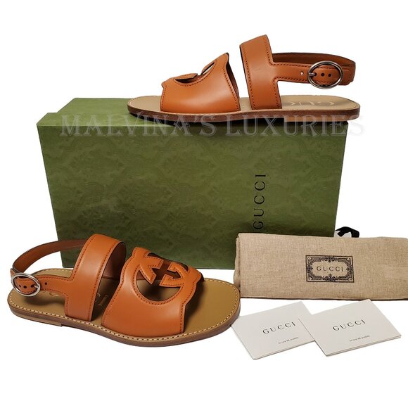 GUCCI SHOES MENS BROWN LEATHER CUTOUT INTERLOCKING G LOGO SANDALS sz 8 / 8.5 - Picture 4 of 16